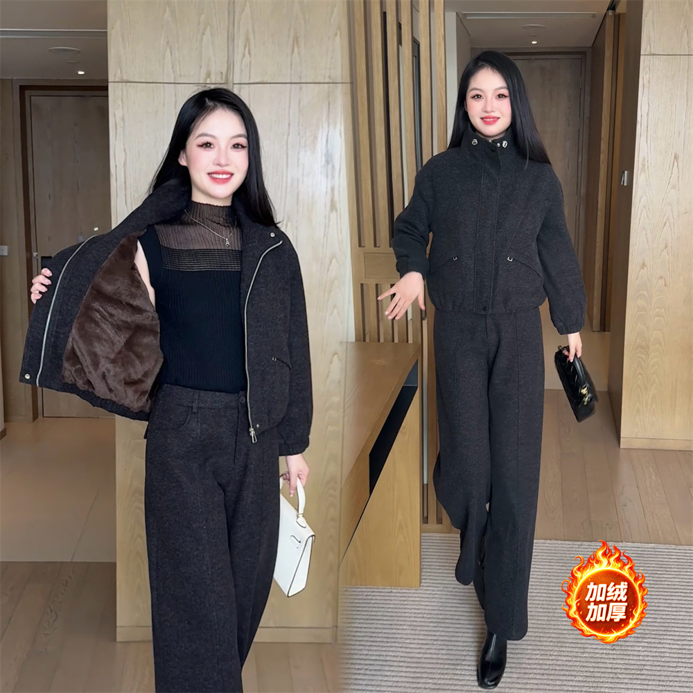 婉星儿加绒加厚冬季优雅高级时尚洋气百搭显瘦上衣长裤套装