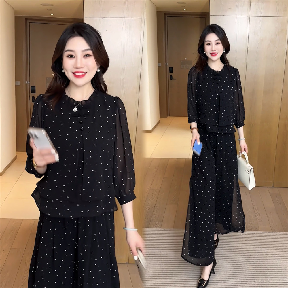 【婉星儿品牌】波点显瘦长袖洋气时尚休闲宽松春夏季减龄套装韩版