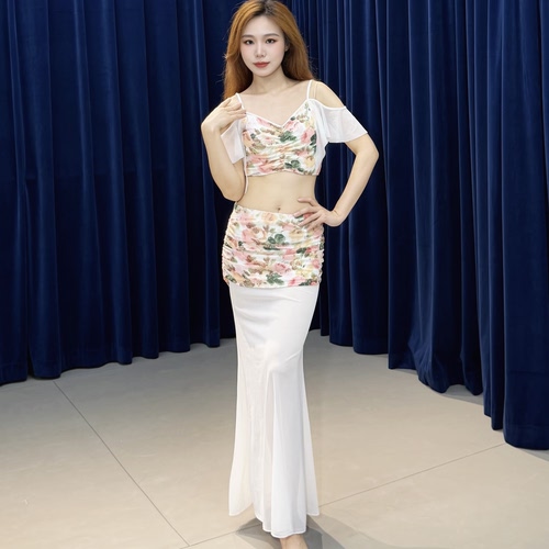 2026新款肚皮舞套装服白色网纱印花初学者练功服显瘦气质撞色