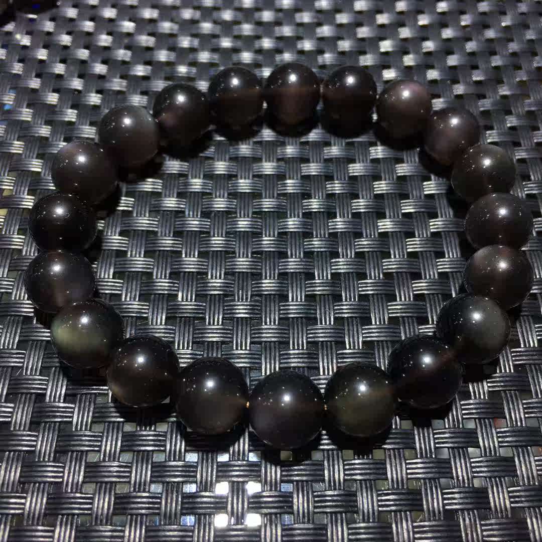 天然水晶 彩眼冰种黑曜石手串 冰曜石手链(obsidian) 龙晶石 单圈