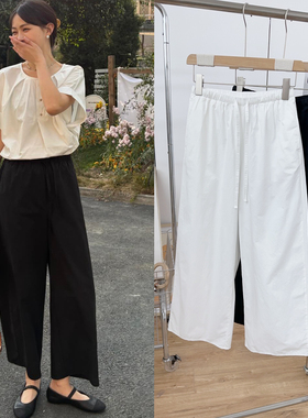 海维恩简约黑色阔腿裤女九分宽松2026春秋新款纯棉显瘦薄款休闲裤