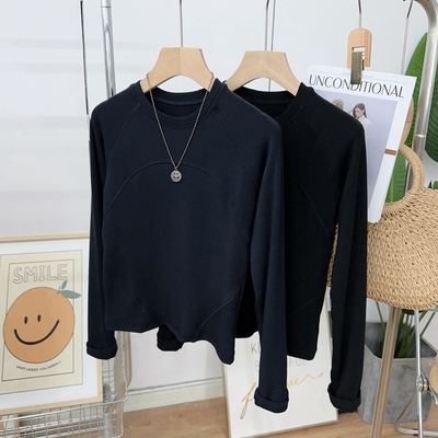 黑色修身加绒打底衫女秋冬瑜伽运动拼接小个子上衣长袖内搭t恤衫