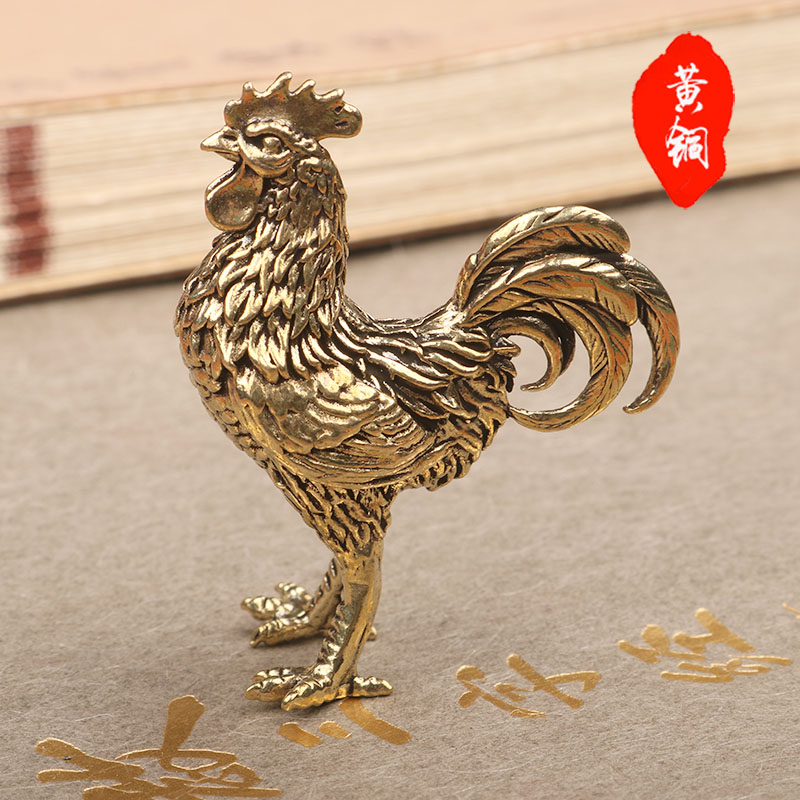 黄铜实心纯铜小摆件桌面手把件小公鸡生肖茶道茶宠雕铸古玩小铜器