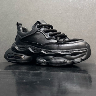 真皮透气纯黑运动休闲鞋 头层牛皮男鞋 厚底增高老爹鞋 潮鞋 2024新款