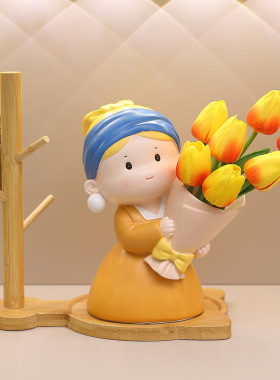 珍珠女孩捧花摆件树脂创意公仔家居大艺术家桌面收纳女礼品2024