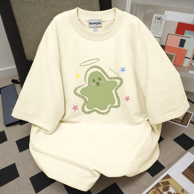 奶系穿搭卡通印花米色纯棉短袖t恤ins女夏季宽松百搭减龄上衣爆款