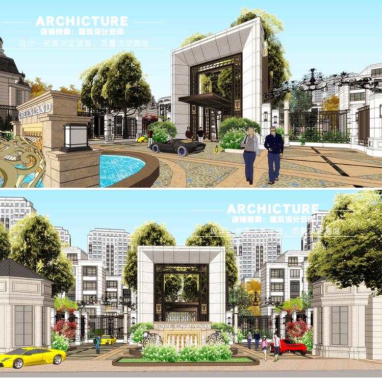 su素材新中式古典洋房花园住宅区主入口岗亭大门水景雕塑su模型