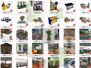 幼儿园托儿所画室桌椅子书柜儿童课室室内草图大师su模型sketchup