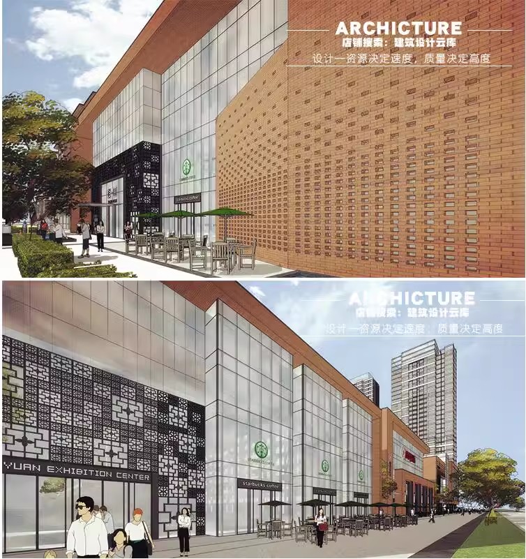 红砖建筑表皮玻璃幕墙底商现代咖啡厅镂空雕花草图大师SU模型