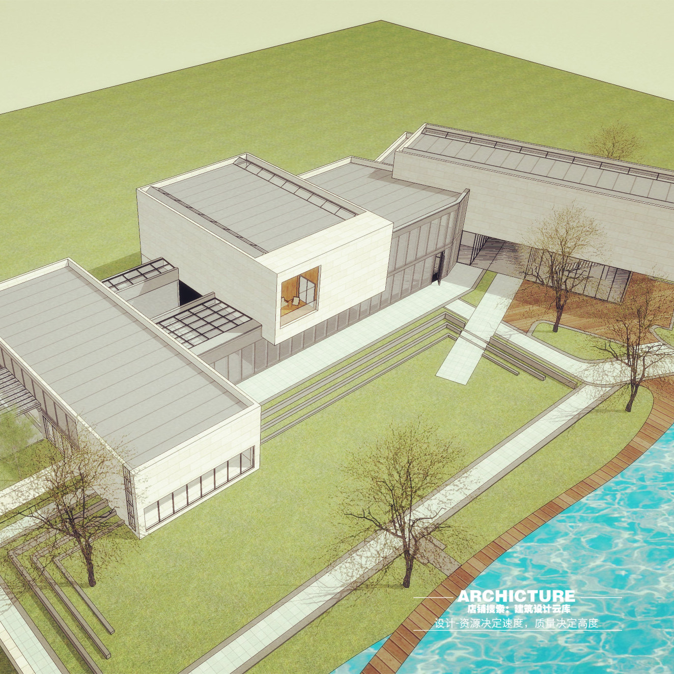 滨水度假村游客接待中心工作室展厅美术展馆体块组合建筑su模型