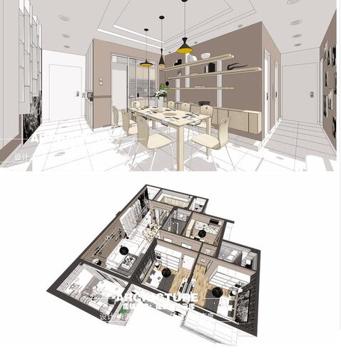 北欧原木色简约清新板式样板房家装三室两厅室内装修设计su模型