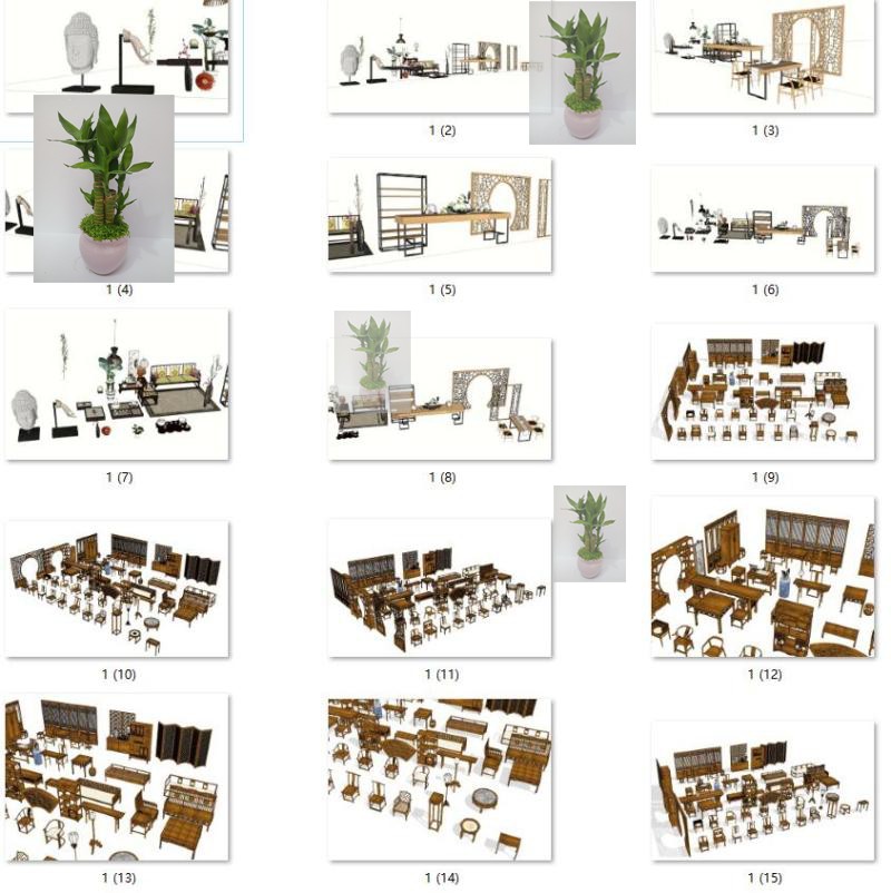 sketchup中式古典家具桌子椅子佛头佛手百宝阁博古架屏风SU模型