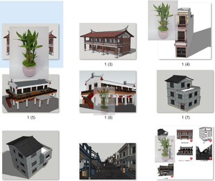skp素材中式复古风街道小商店骑楼岭南风格闽南风骑楼建筑SU模型