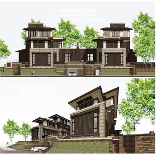 新亚洲中式草原风台地联排别墅住宅合院三层退台式建筑设计su模型