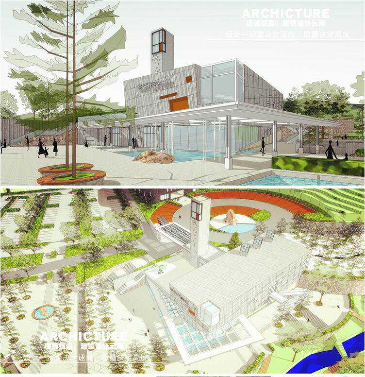 su草图大师地形景区公园度假区游客中心 驿站建筑规划设计su模型