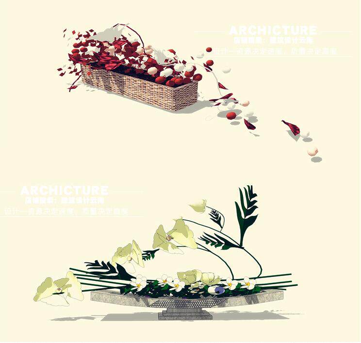 样板房陈设室内花瓶禅意插花摆件玻璃花盆植物干花草图大师SU模型