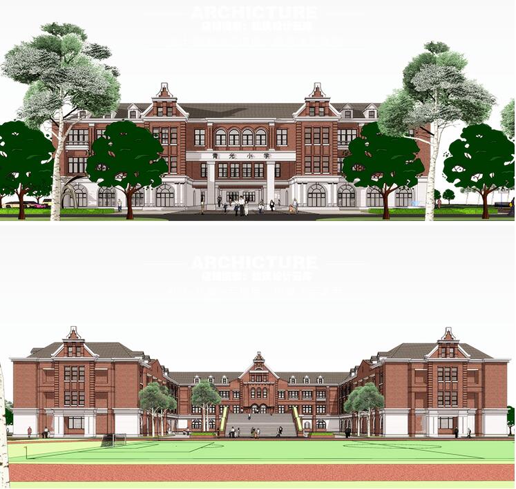 现代欧式英伦风/红砖/小学规划/学校坡屋顶三段式建筑设计su模型