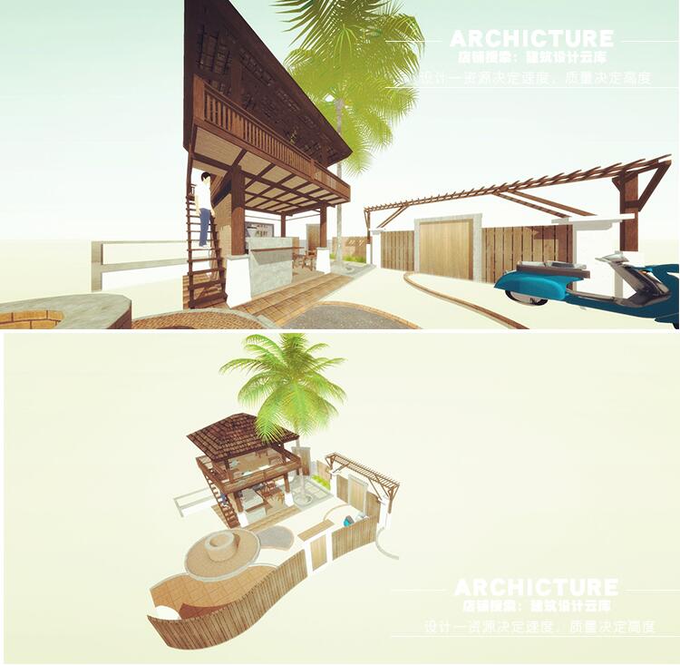 su草图大师自然生态风情开放式两层手工咖啡屋榻榻米餐椅su模型