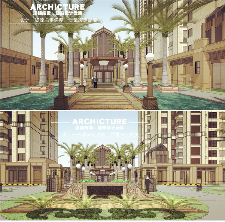 现代高层新装饰主义偏古典三段式住宅楼大门入户门厅建筑su模型