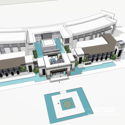 su素材新亚洲古典中式纹样住宅区售楼处物业中心会所建筑su模型