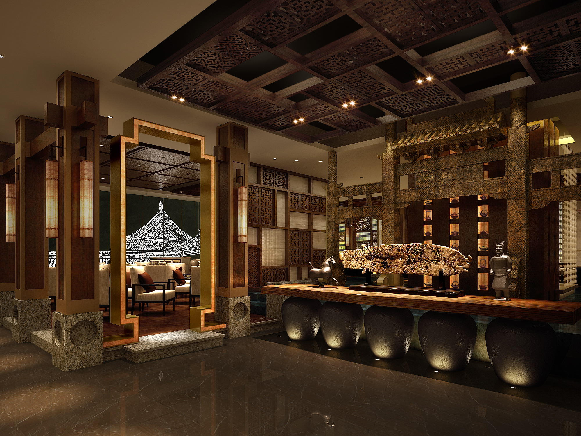 现代新中式禅意风格镏金岁月茶楼高清效果图PPT方案 内容可编辑