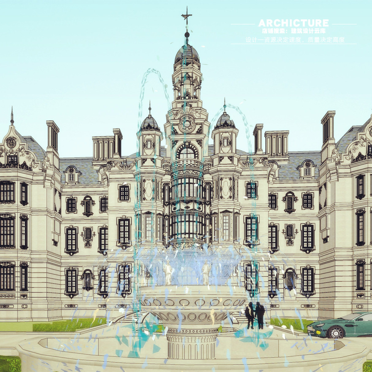 su草图大师法式宫廷独栋庄园高端别墅对称坡屋顶建筑设计su模型
