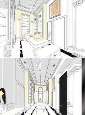 su草图大师欧式简欧风格室内工装商铺店面展台展示柜装修su模型