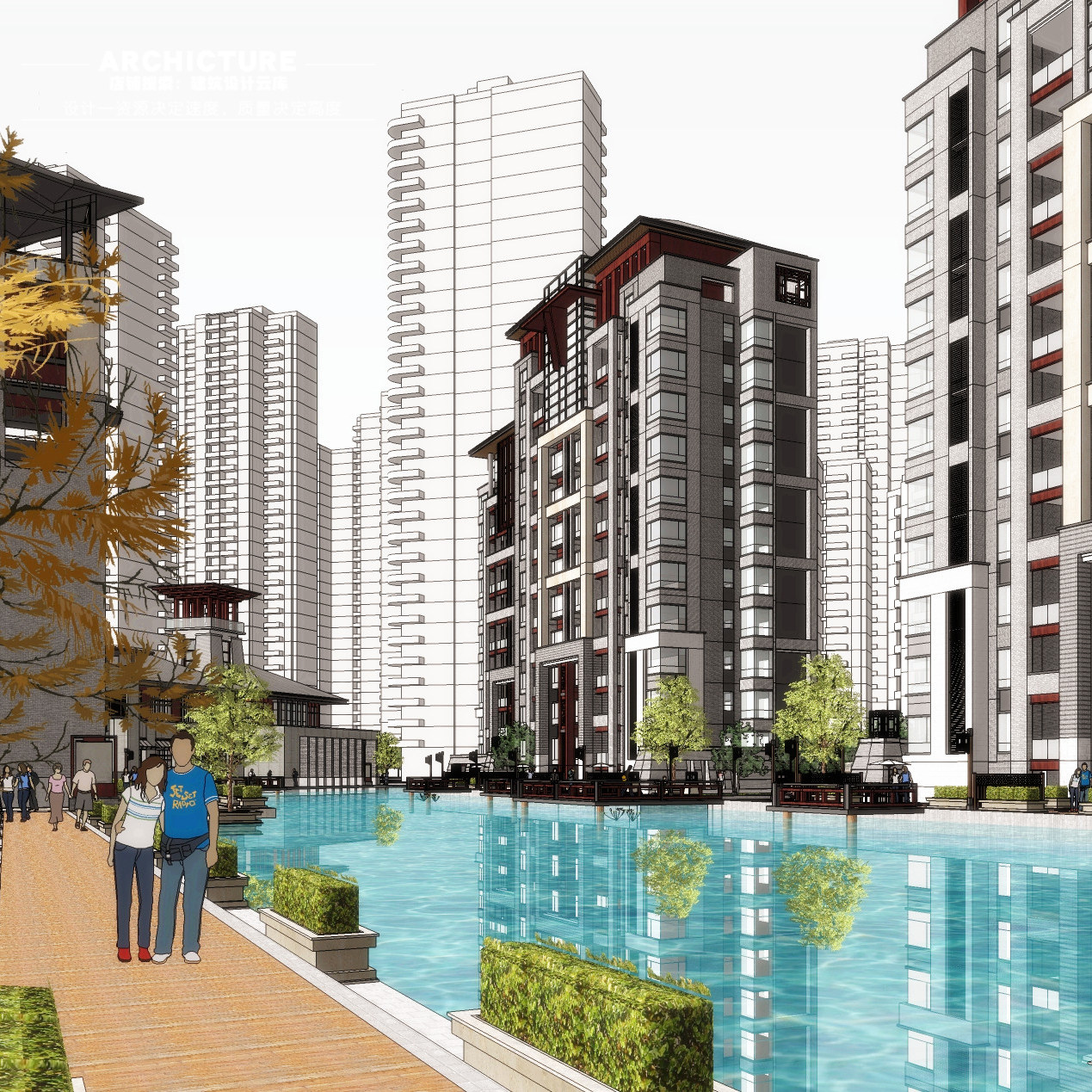 sketchup新中式偏唐风高层住宅小区居住区建筑景观草图大师su模型