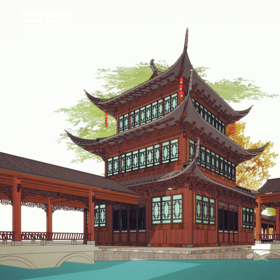 su草图大师中式徽派马头墙仿古建筑水街古镇度假村商业街su模型