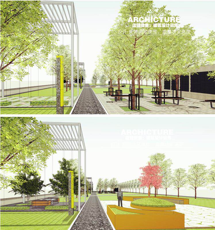 现代街角公园带形社区公园廊架花架景观亭座椅树池景观设计su模型