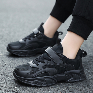 儿童小黑鞋男童纯黑色运动鞋春季新款幼儿园网面透气鞋女童表演鞋