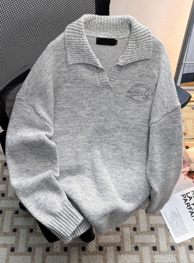 灰色慵懒风v领毛衣男女冬季美式复古polo领针织衫翻领内搭打底衫