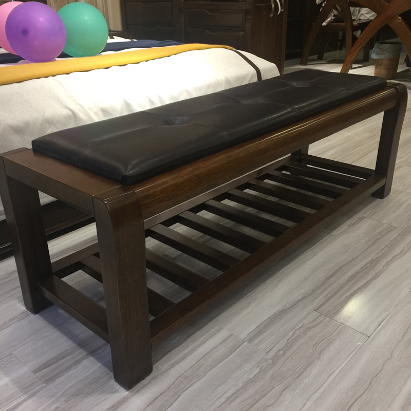 黑胡桃木床尾凳 实木换鞋凳 中式卧室脚踏 简约真皮革面床边长凳