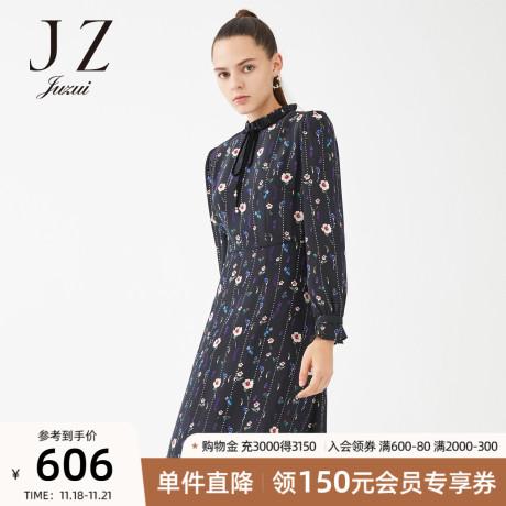 JUZUI/玖姿官方旗舰店冬装桑蚕丝碎花收腰中长真丝连衣裙商品大图