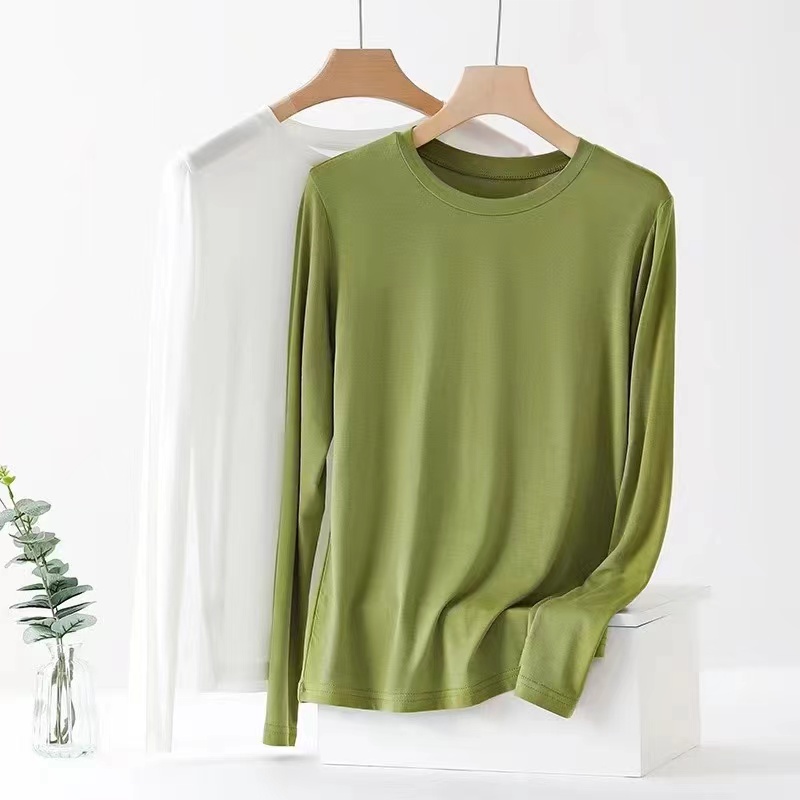 莫代尔长袖T恤女秋季2025新款圆领显瘦百搭简约打底女大码修身T恤