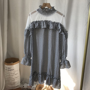 秋装 新款 女拼纱复古波点连衣裙 春秋长袖 1791