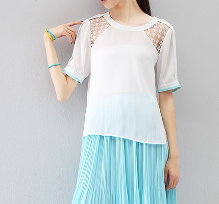 (20元3件)初家 不退换s/xl码 雪纺短袖圆领蕾丝上衣女 23-3-662