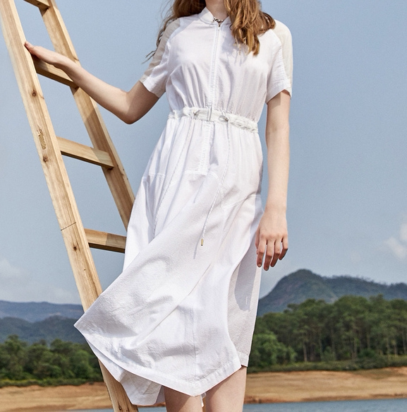 谜家不退换柔软飘逸不规则下摆天丝棉收腰连衣裙 13-4-128