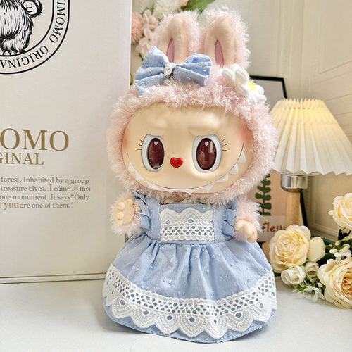38cm拉布布搪胶毛绒娃娃衣服Labubu公仔MOKOKO清爽蓝花边背带裙萌