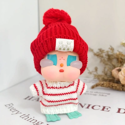 仅娃衣】CRYBABY娃衣绿条纹毛衣兔标帽套装搪胶毛绒挂件公仔着替