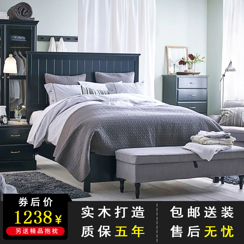 美式實木床黑色北歐簡約現代白色雙人床1.5m1.8米儲物床工廠直銷