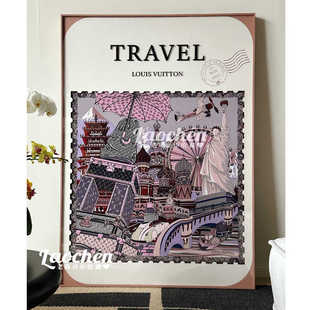 LV丝巾画自由女神像稀有复古中古画无损裱框简约现代墙面壁挂画