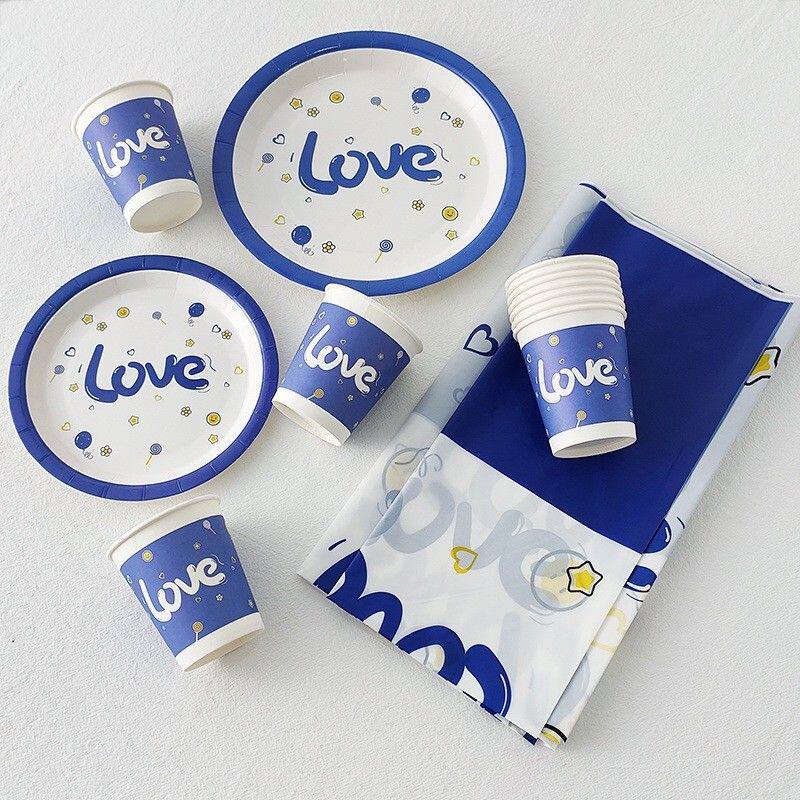 一次性生日桌布儿童派对蓝色装饰户外野餐蛋糕纸餐盘纸杯加厚台布