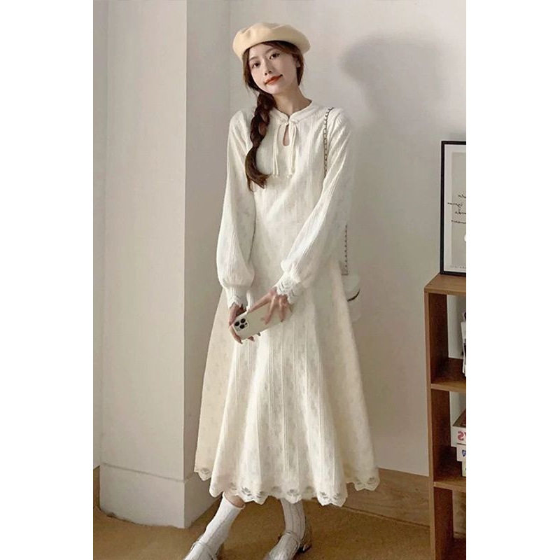 新中式蕾丝加绒加厚长袖秋冬连衣裙女高腰收腰显瘦高级感气质长裙