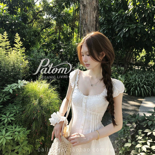 CallmeEar//白茶初恋蕾丝拼接收腰连衣裙/提花木耳边上衣夏