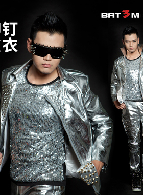 3M欧美潮男装铆钉银色机车pu皮衣外套夜店歌韩版ds演出舞台服装