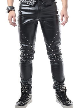 休闲皮裤修身微弹 男白色裤子朋克风铆钉潮男裤 舞台DS歌手演出服