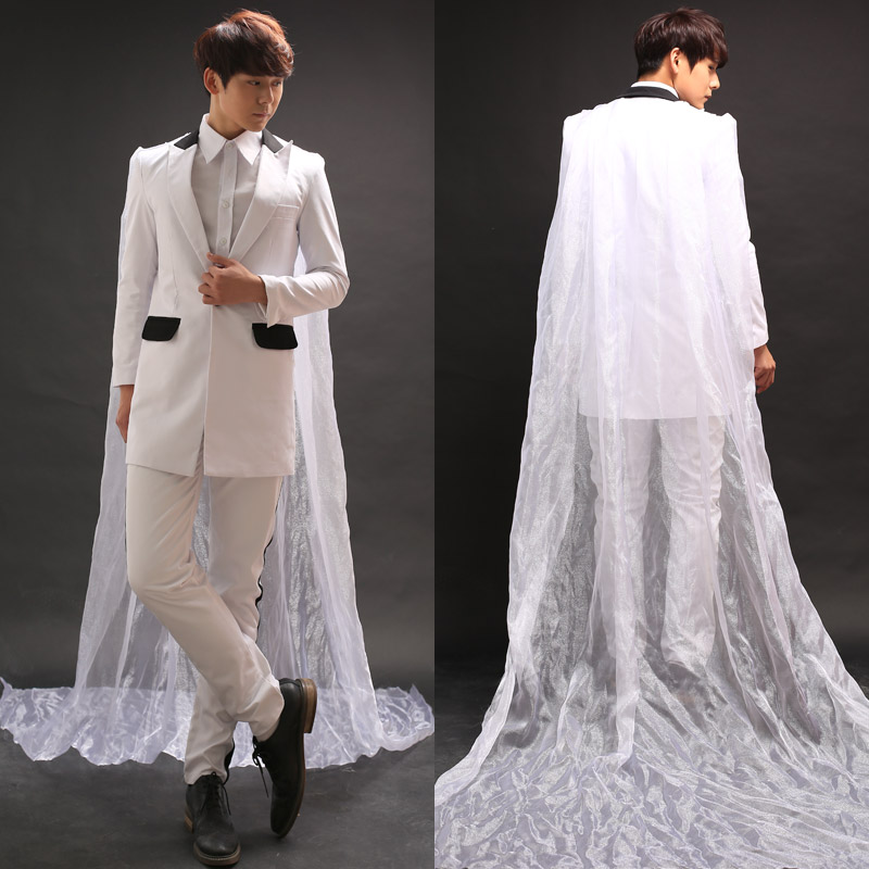 酒吧夜店男歌手DJ演出服白色纱披风中长款西服西装ds演出服