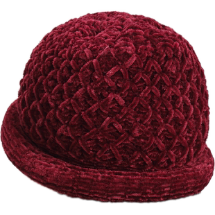 秋冬韩系女士双层手工钩针编织中老年女士奶奶毛线帽纯色秋冬帽