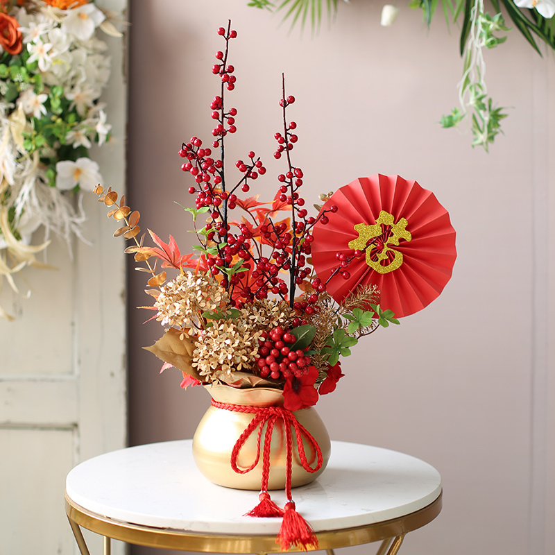 年宵花发财果花艺盆栽喜庆婚房花艺电视柜摆件金桶盆景新年仿真花